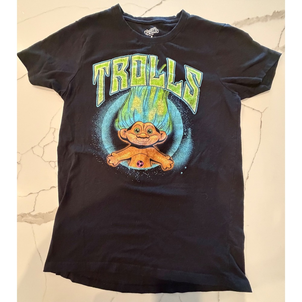 Good Luck Trolls Graphic T-Shirt‎ Mens Medium Black Glitter Retro DreamWorks Tee